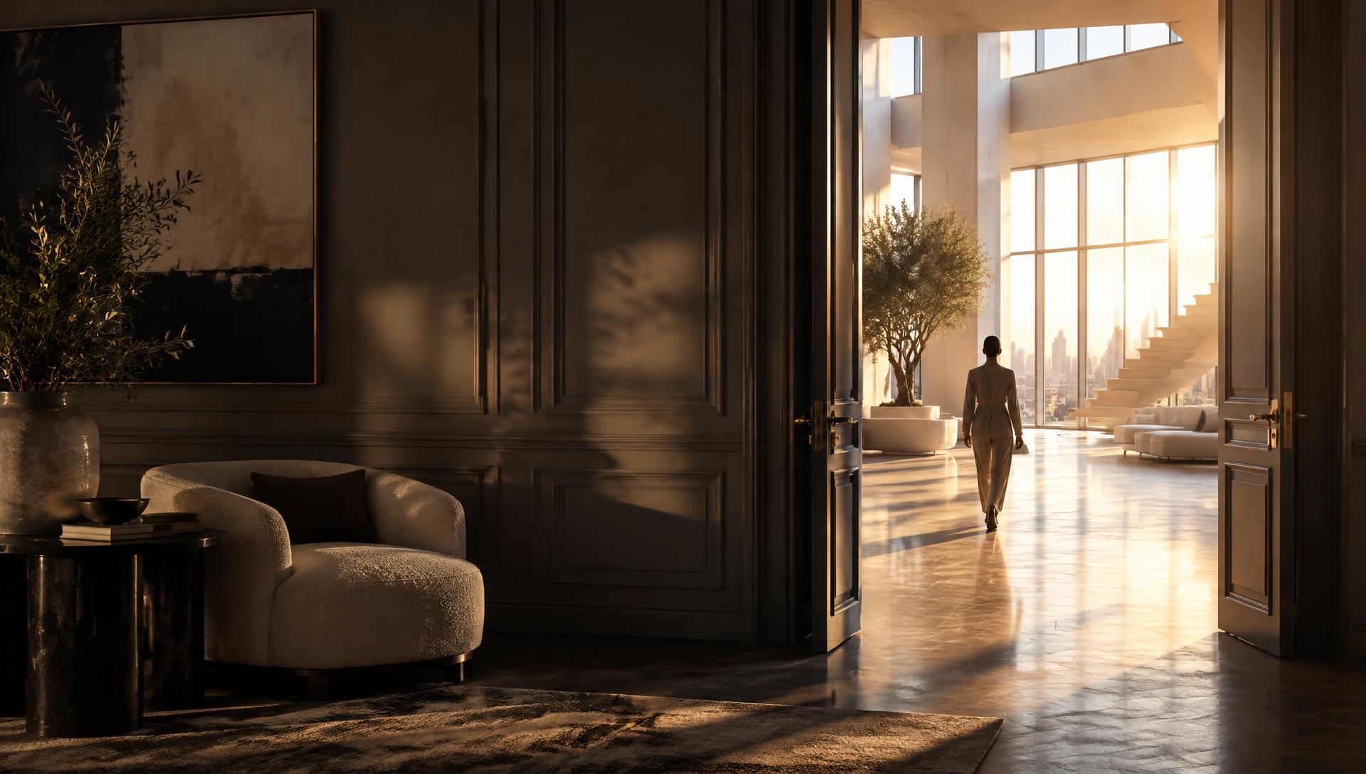 An open doorway leading from a quiet, shadowed room into a bright, expansive space, with a small figure walking confidently into the light