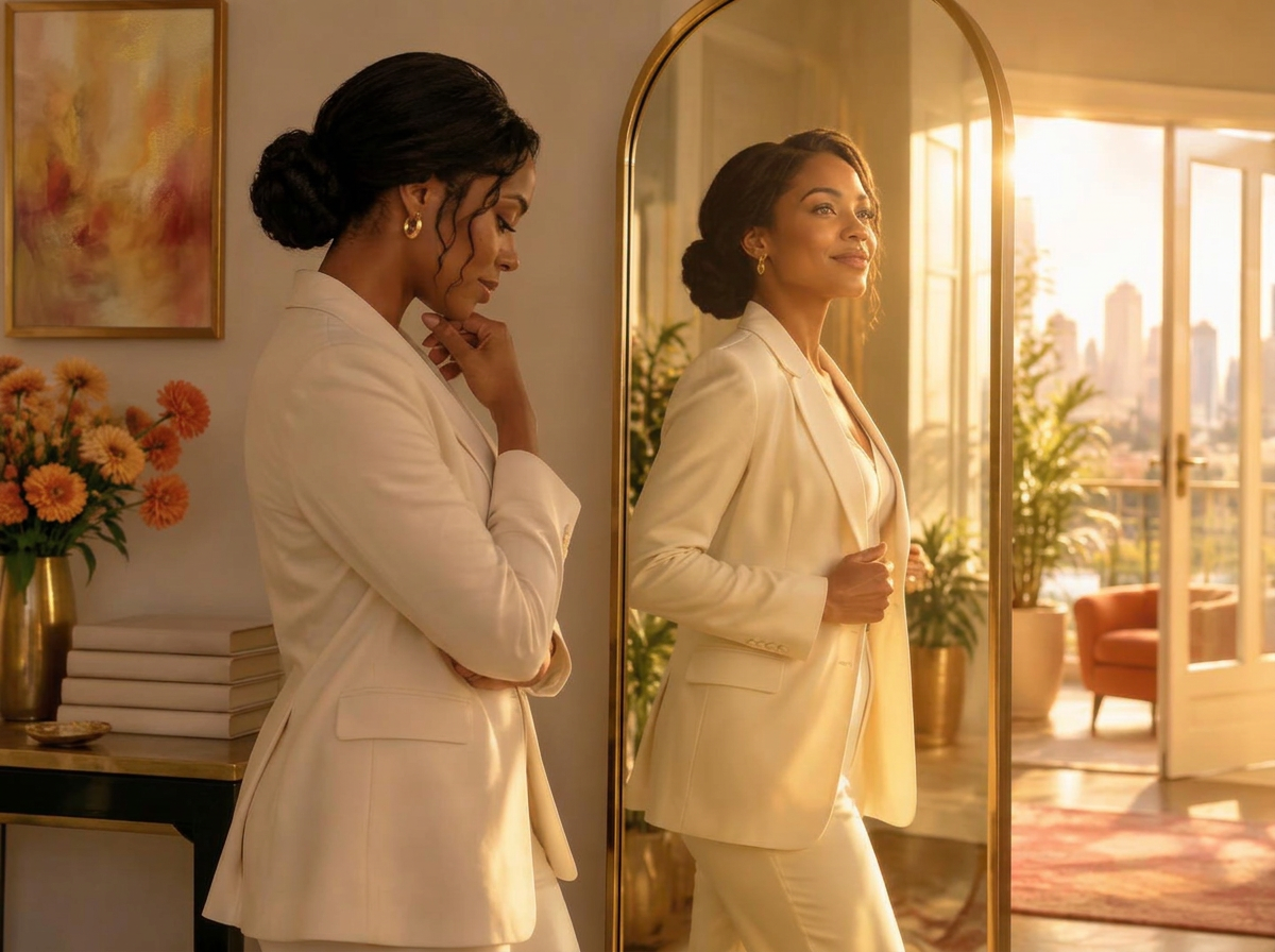 A woman pausing in reflection while her mirror image stands taller and more confident, turned toward a sunlit doorway