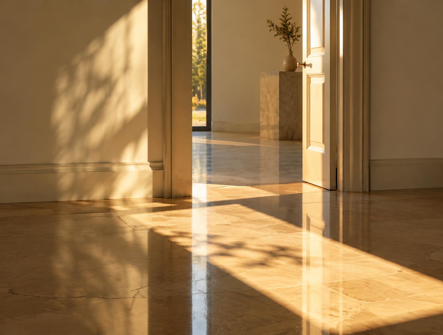 Warm sunlight falling through an open doorway onto a stone floor